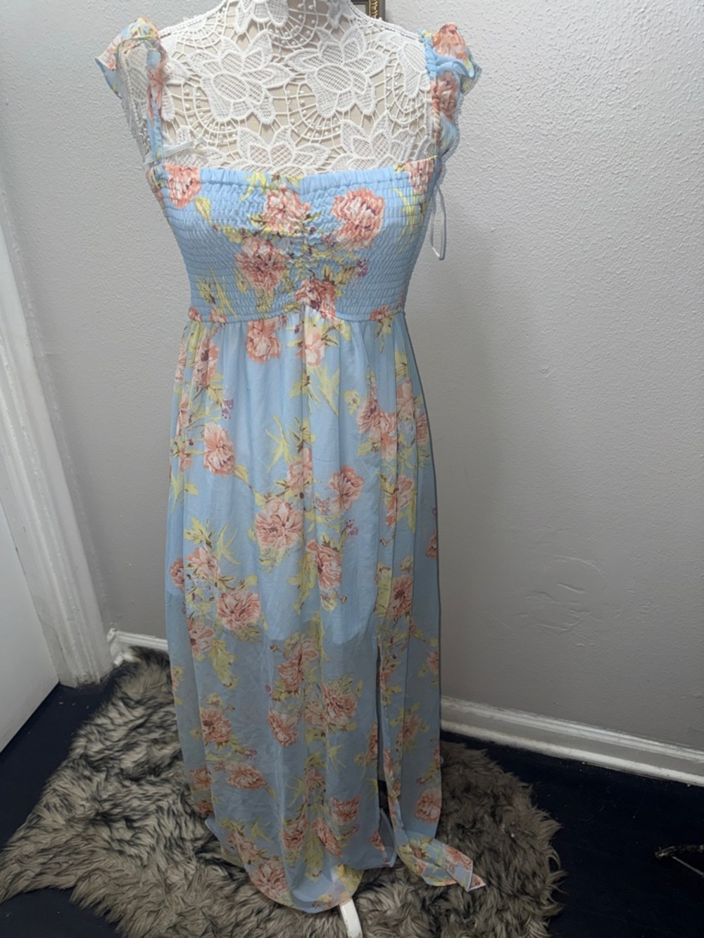 Aakaa Light Blue Maxi Dress with Pink Floral Print
